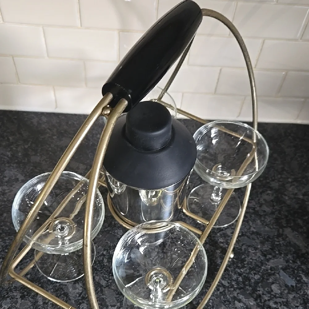 Vintage Brass Cocktail Carrier with Glasses and Shaker